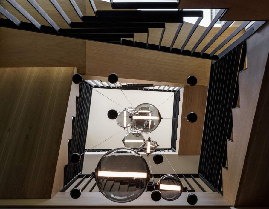 Architectural overhead view of a modern floating staircase