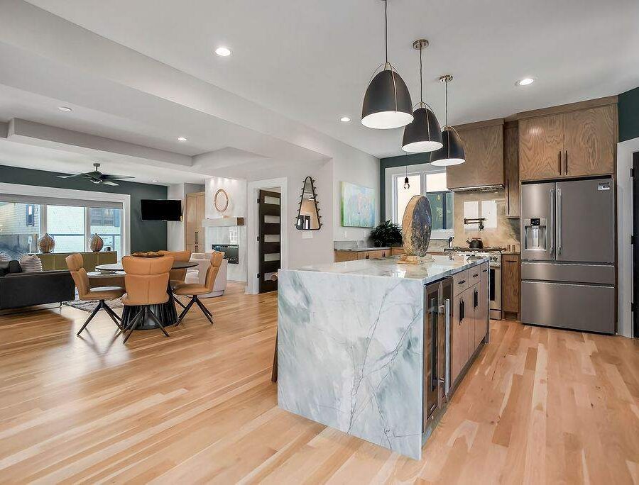 Marble waterfall island in a fully furnished executive home