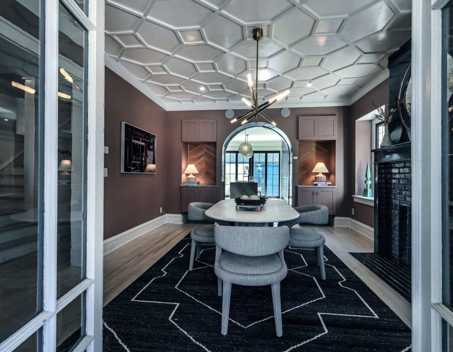 Formal dining room with sculptural coffered ceiling after a Hickok Homes whole-home remodel